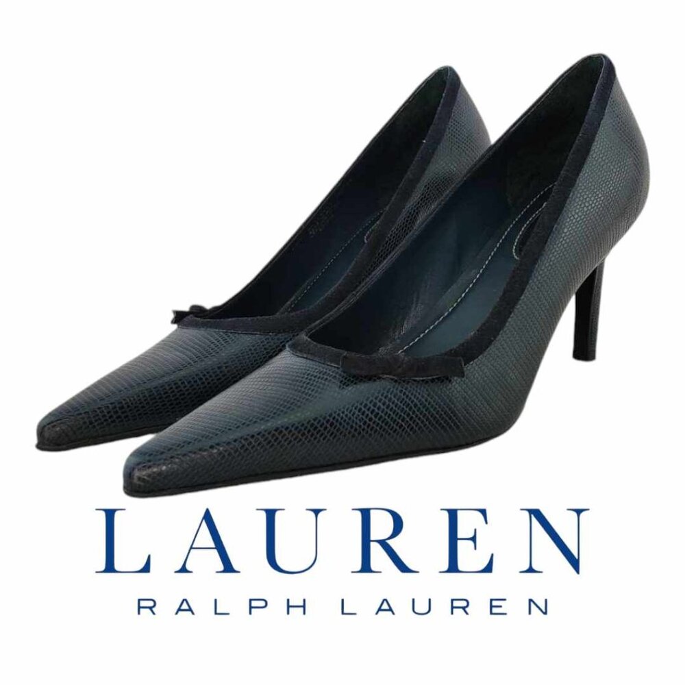 Lauren Ralph Lauren Darcy Bow Snake Embossed Pumps Sz 8B - Navy Blue